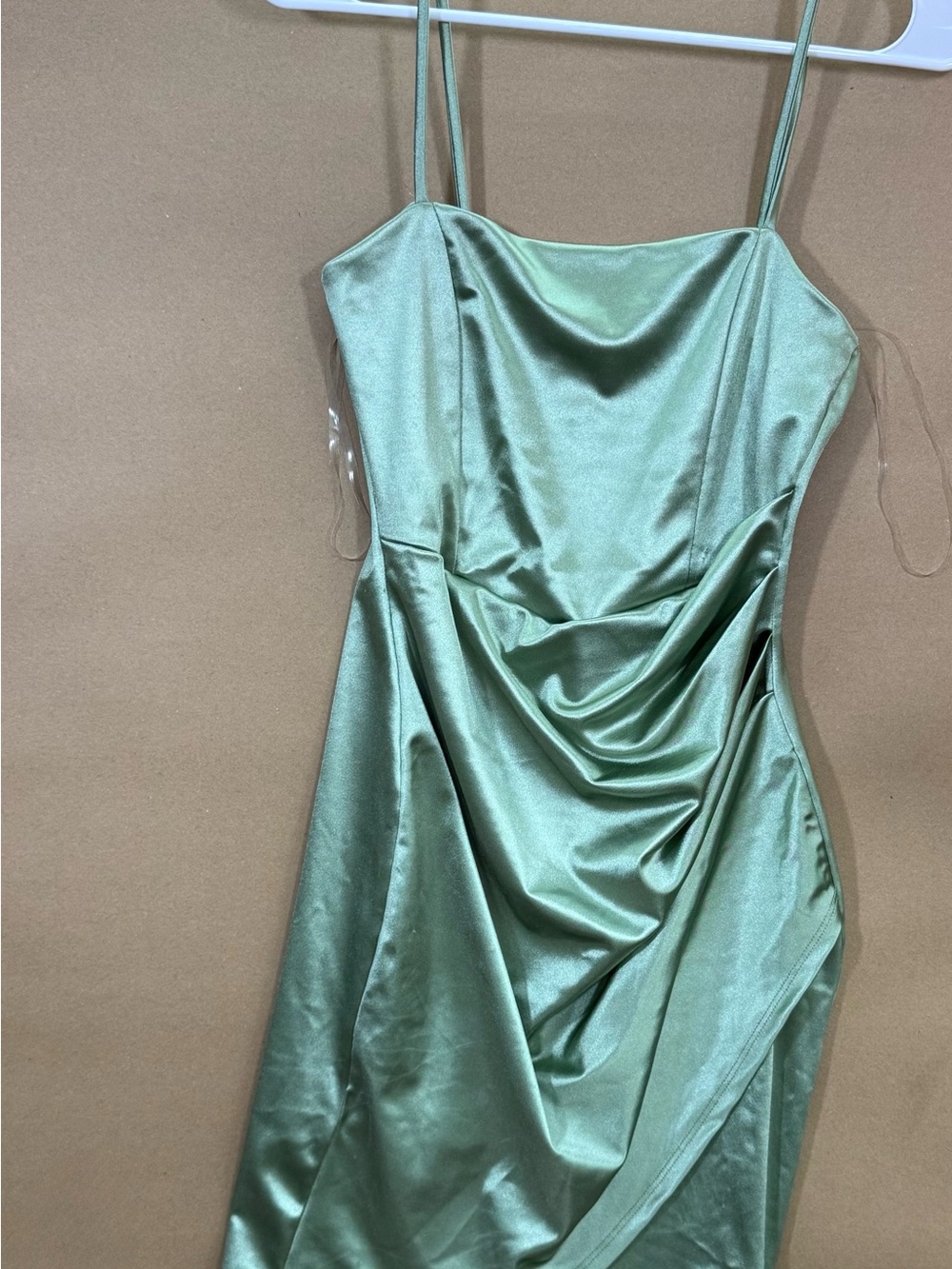 Windsor Satin Draped Strapless Dress in Sage Green